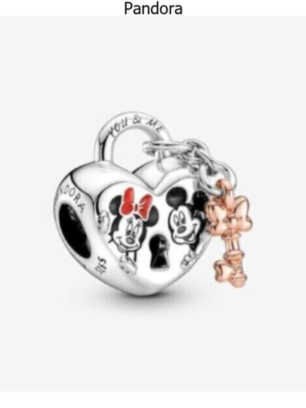 Pandora Silver Heart Charm with Minnie & Mickey and Rose Gold Key